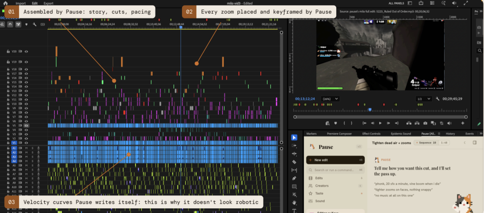Real Premiere Pro timeline showing a completed Pause edit